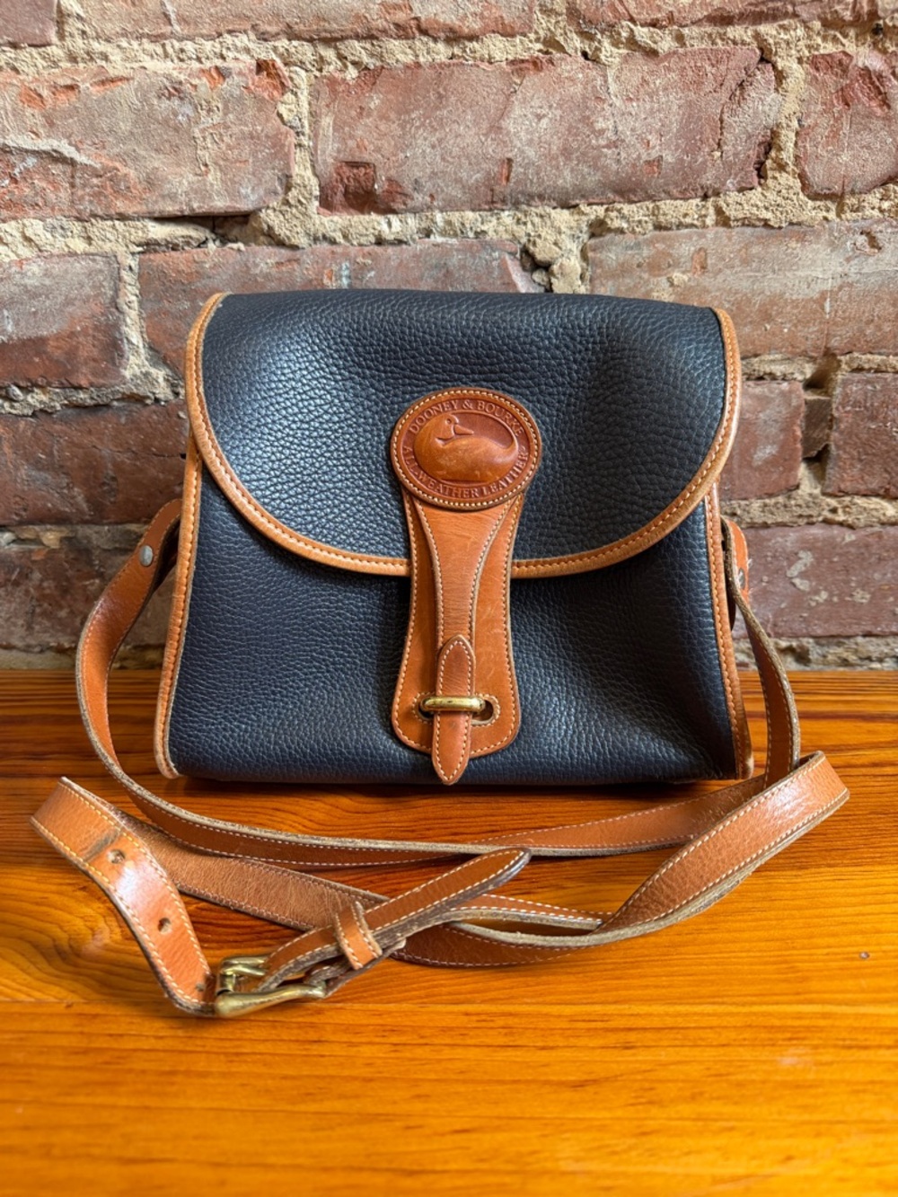 Vintage Dooney & Bourke Black/blue Pebbled Leather Messenger with Tan Trim